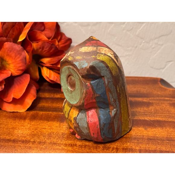 Rustic Wooden Owl Figurine, Hand Carved & Hand Painted, Small Colorful Decor - Picture 3 of 9